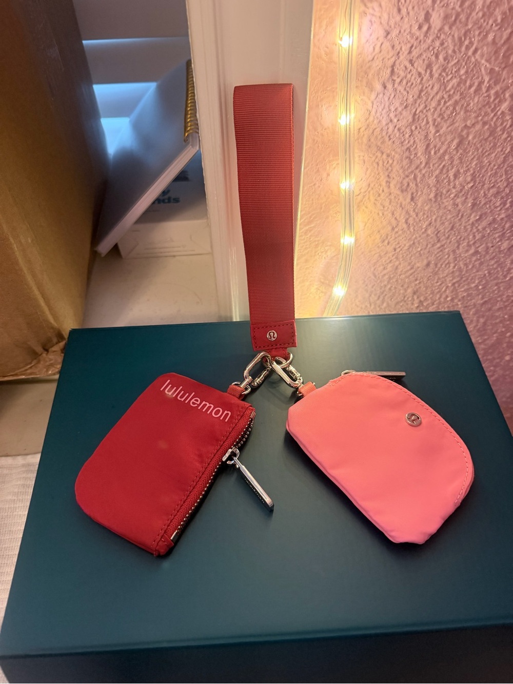 lululemon red and pink wristlet key & card holder set